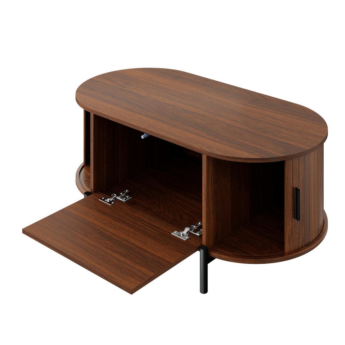 COUCHTISCH in holzoptik mit rattan, ovale form und schiebetüren - Walnussfarben, Holzwerkstoff (50/100/40cm) - Urban Meuble