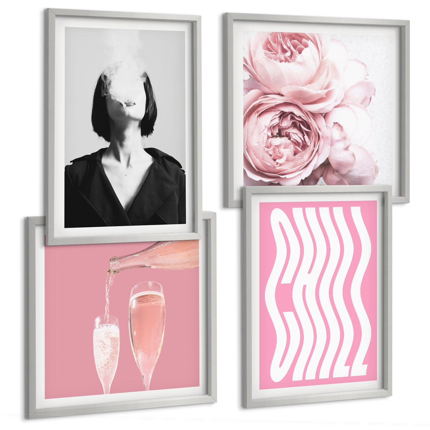 BILDER SET 4er Set - 50x50 cm & 40x60 cm Silberner Rahmen - Stilvolles Porträt mit Champagner - Silberfarben, Kunststoff (50/50cm) - TULUP