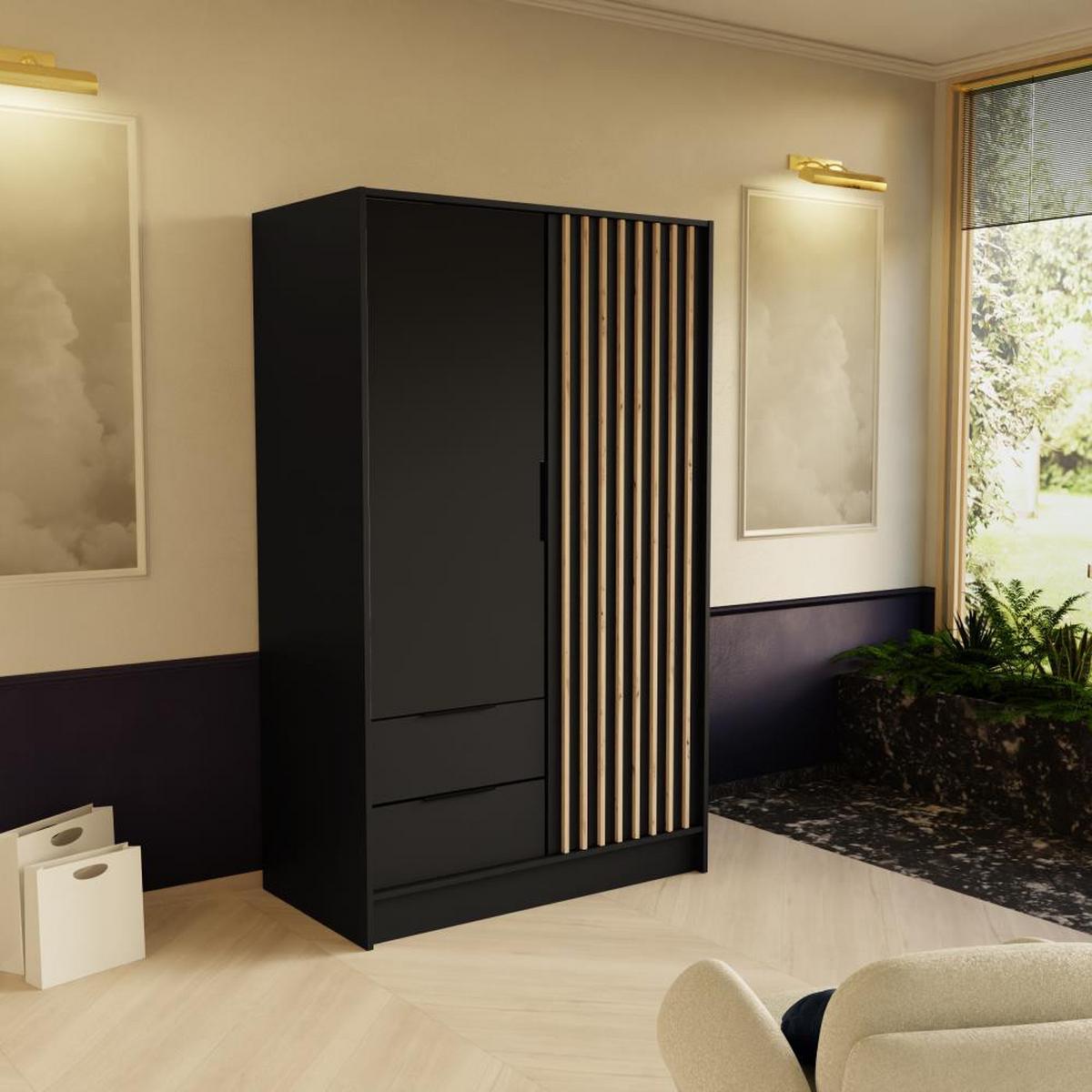 DREHTÜRENSCHRANK Nero 100/51/200 cm mit Lamellen schwarz - Schwarz, Holzwerkstoff (100/200/51cm) - Beautysofa