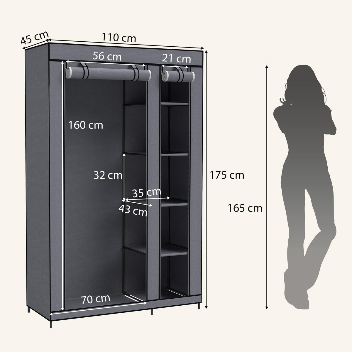 KLEIDERSCHRANK Vliesstoff Stahl Grau - Grau, Textil/Metall (45/175/110cm) - HOMCOM