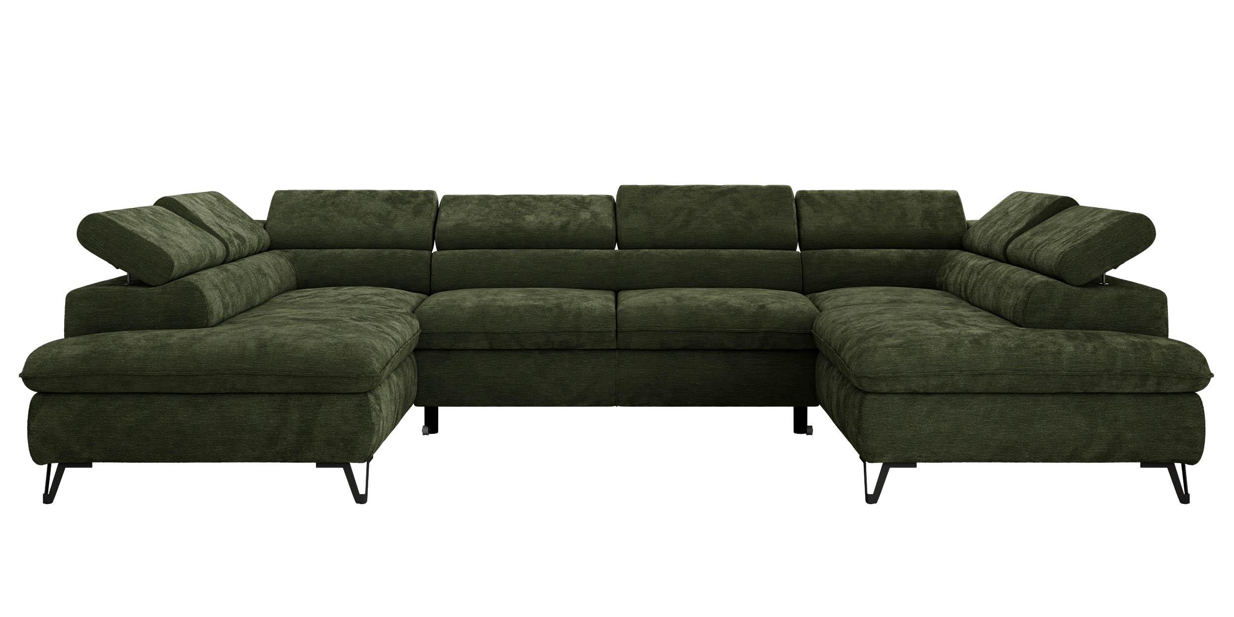 WOHNLANDSCHAFT PABLO U Schenille glatt Dunkelgrün mit Topper Visco - Dunkelgrün/Schwarz, Textil/Metall (346/76/208cm) - MKS