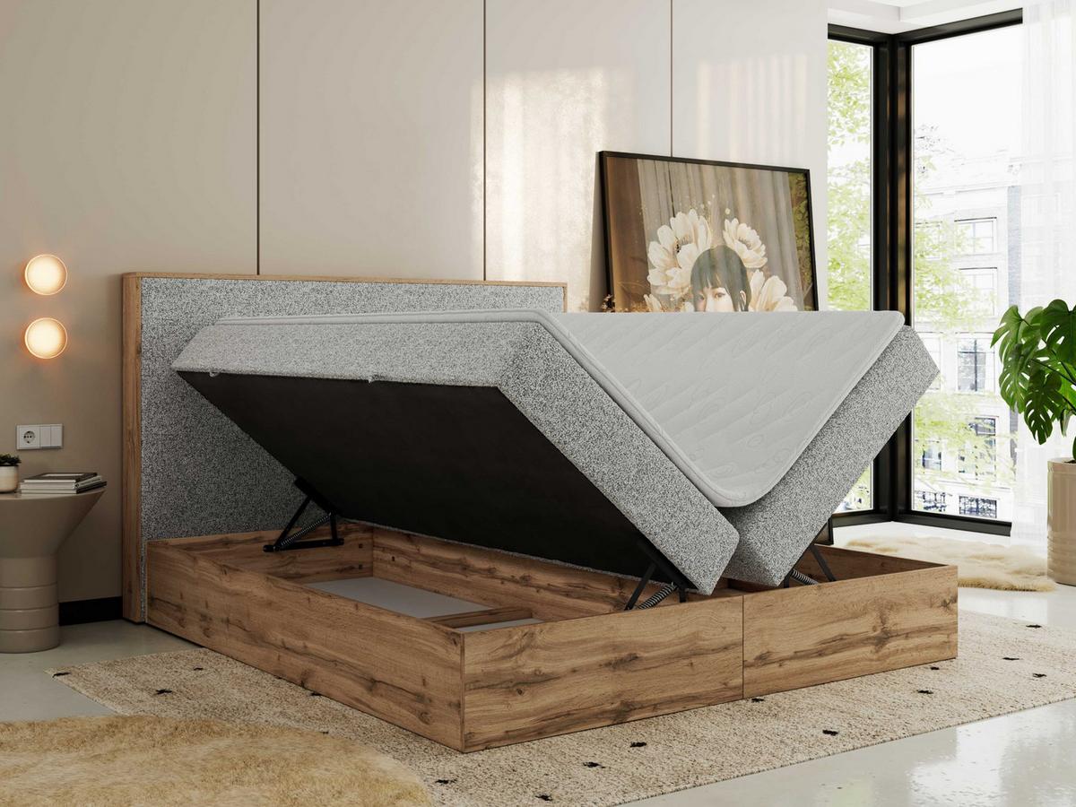 BOXBETT WOOD CLASSIC 160/200 - Hellgrau Strukture - H4 - Hellgrau, Textil (160/200cm) - MKS