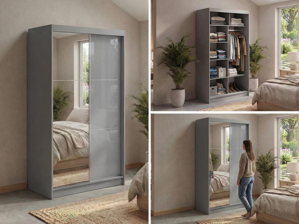 SCHWEBETÜRENSCHRANK mit Spiegel - WALENCJA - 120 - Grau lacobel - Alufarben/Grau, Holzwerkstoff/Metall (120/216/61cm) - MKS