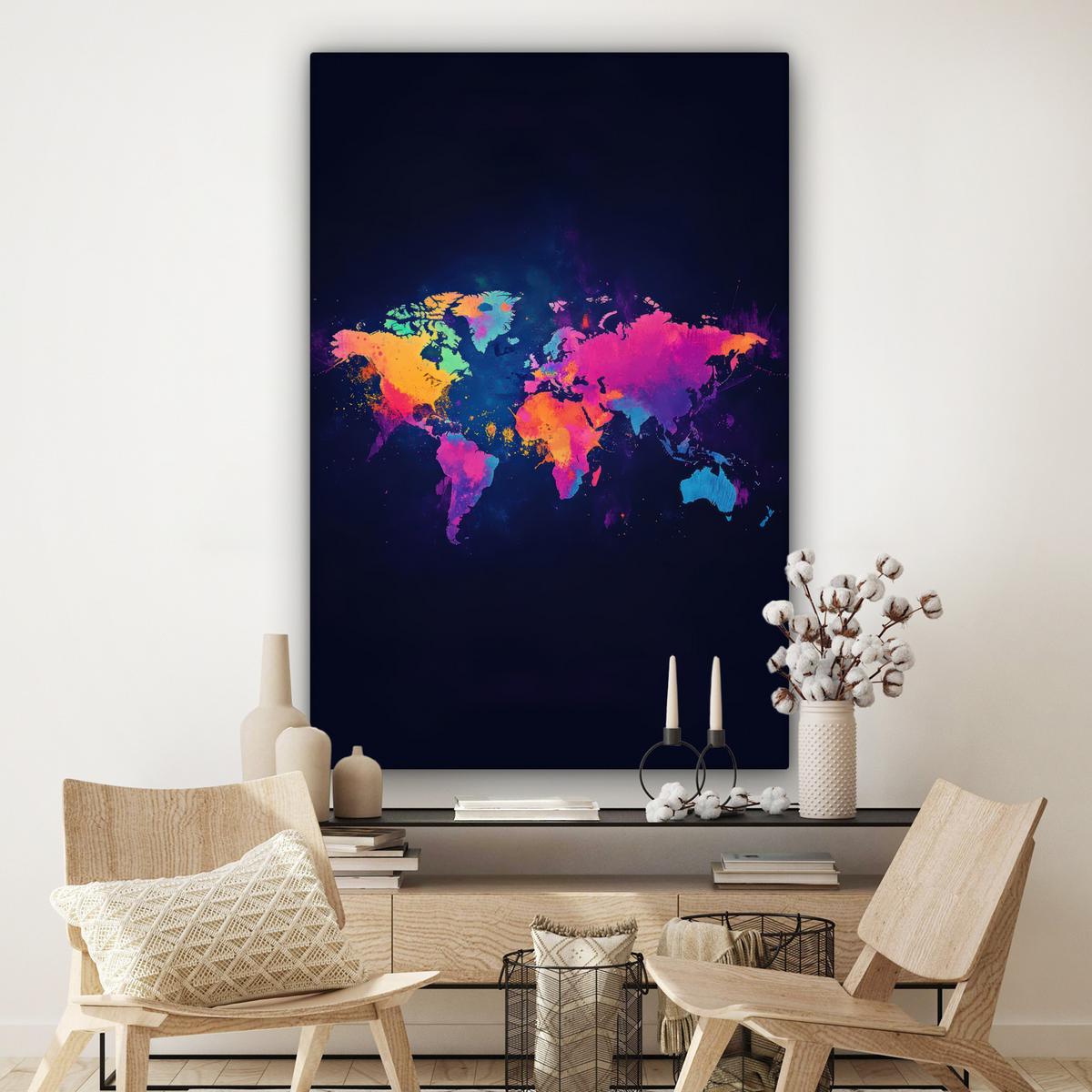 LEINWANDBILD Weltkarte - Bunt - Graffiti Deko Groß 90x140 cm - Multicolor, Textil (90/140cm) - MuchoWow