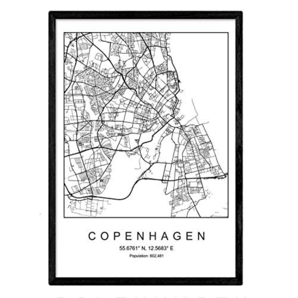 POSTER Kopenhagen Stadtkarte – Nordisch A3 Schwarzer Rahmen - Schwarz, Papier (29.7/5/42cm) - Nacnic