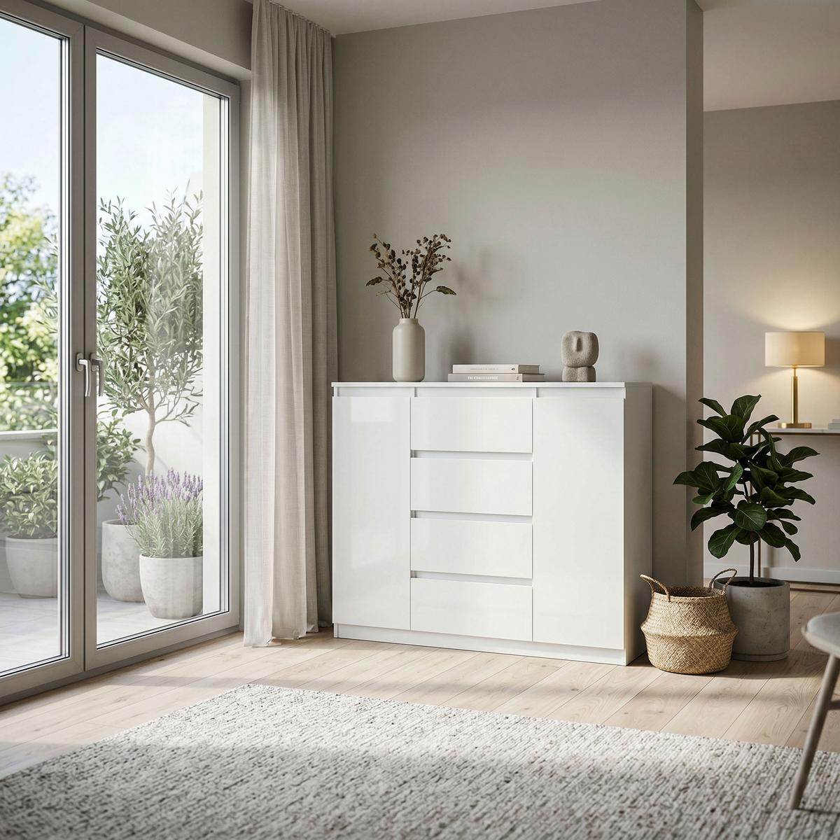 KOMMODE NUDO 138,5/101,5/39cm mit 4 Schubladen 2 Türen Weiß - Weiß Hochglanz/Weiß, Holzwerkstoff (138.5/101.5/39cm) - MASSENO