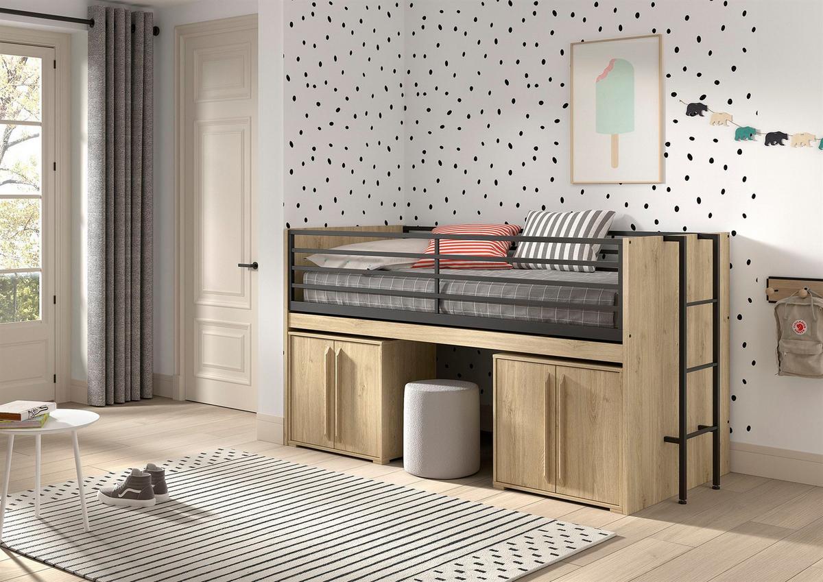 HALBHOCHBETT 90x200 Keelia Eiche mit Schreibtisch Stauraum - Eichefarben, Kunststoff (90/200cm) - 58aufmkessel