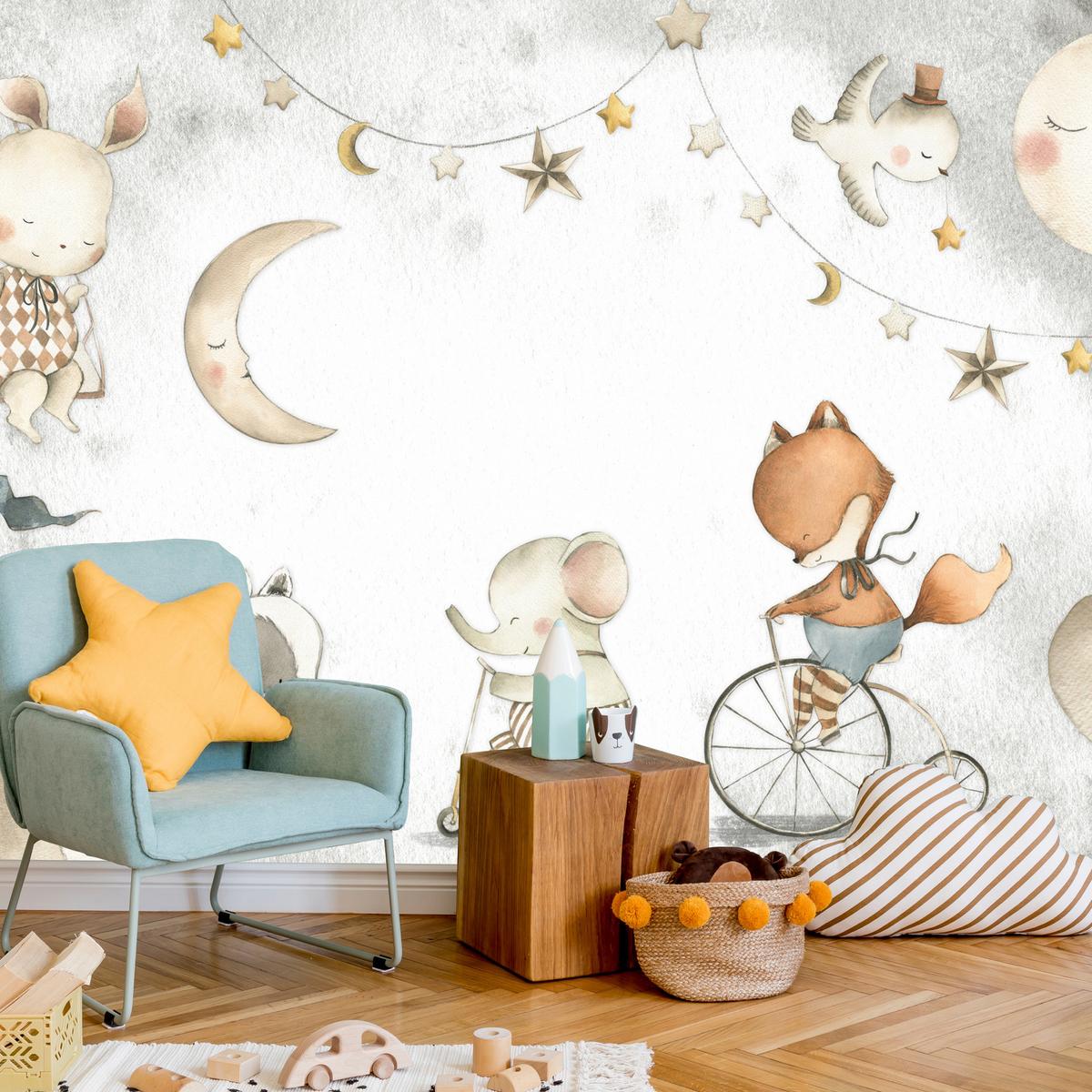 FOTOTAPETE für Kinderzimmer Zirkus Tiere Elefant Fuchs Monde Sterne 100x70 - Gelb/Beige, Papier (100/70cm) - Muralo