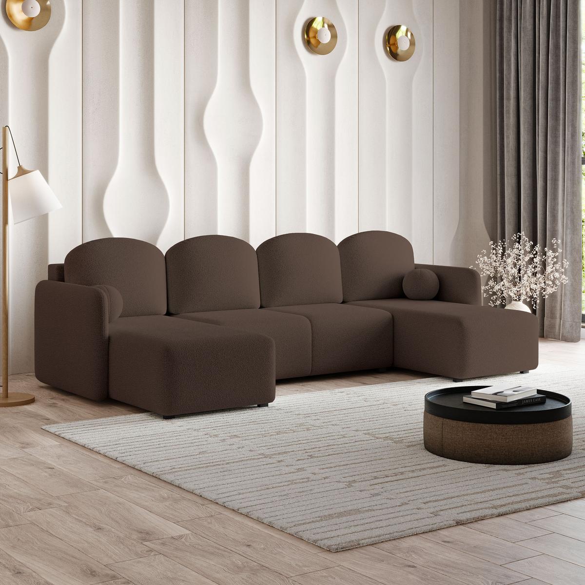 WOHNLANDSCHAFT NUBERO Braun Boucle-Stoff mit Schlaffunktion - Braun, Holz (285/85/143cm) - MASSENO