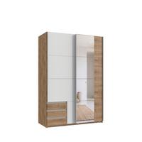 SCHWEBETÜRENSCHRANK 2-türig B135/H198/T65 cm, Kleiderschrank mit Spiegel & sichtbaren Schubkästen in Eiche Dekor, 1x Tür in Weiß / 22677 - Eichefarben/Alufarben, Holz/Holzwerkstoff (135/198/65cm) - luma-home