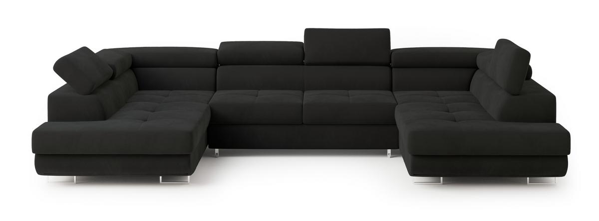 WOHNLANDSCHAFT RAGGIO Schwarz Velours-Stoff mit Schlaffunktion - Schwarz, Holz (336/90/202cm) - MASSENO