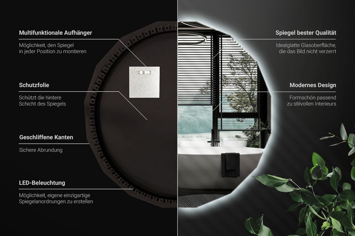 LED-SPIEGEL 50 cm x 50 cm Asymmetrische Form Kaltweiß 6000 K - Platinfarben, Glas (50/50/0.4cm) - Wallfluent