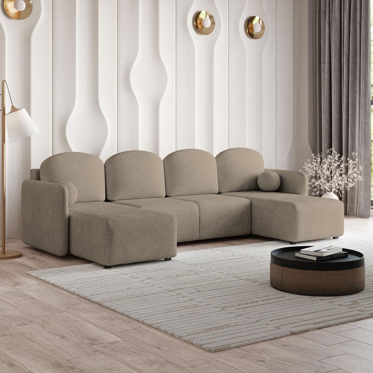 WOHNLANDSCHAFT NUBERO Braun Geflochtener Stoff mit Schlaffunktion - Braun, Holz (285/85/143cm) - MASSENO