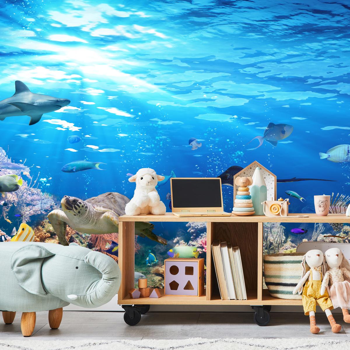 FOTOTAPETE für Badezimmer Korallenriff Schildkröte Hai Fisch 400x280 - Blau/Gelb, Papier (400/280cm) - Muralo
