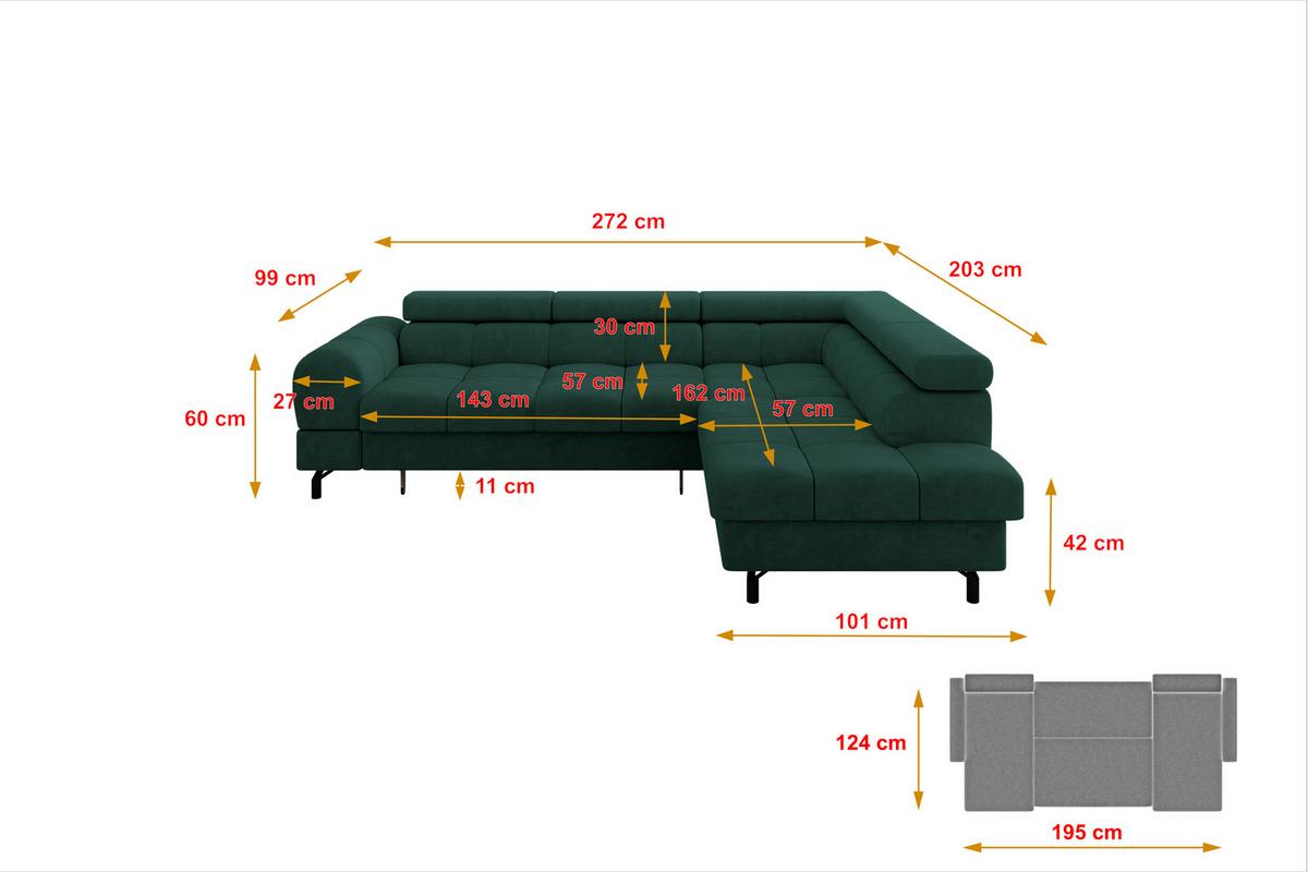 ECKSOFA mit Schlaffunktion Ottomane Rechts LUMA-L 272x203x70 Grün Velours - Waldgrün/Schwarz, Holzwerkstoff/Kunststoff (203/272cm) - ALTDECOR