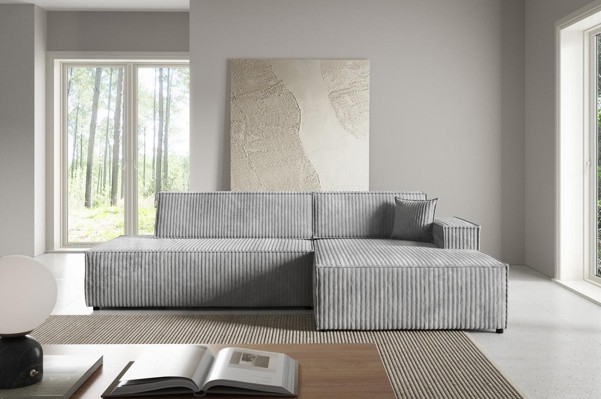 ECKSOFA TESSO L-S Grau Kordstoff mit Schlaffunktion - Grau, Holz (247/170cm) - MASSENO