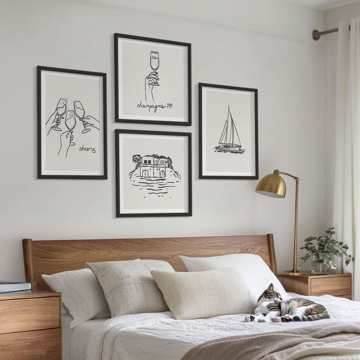 BILDER SET 4er Set - 50x50 cm & 40x60 cm Schwarzer Rahmen - Haus am Wasser, Toastsegelboot - Schwarz, Kunststoff (50/50cm) - TULUP