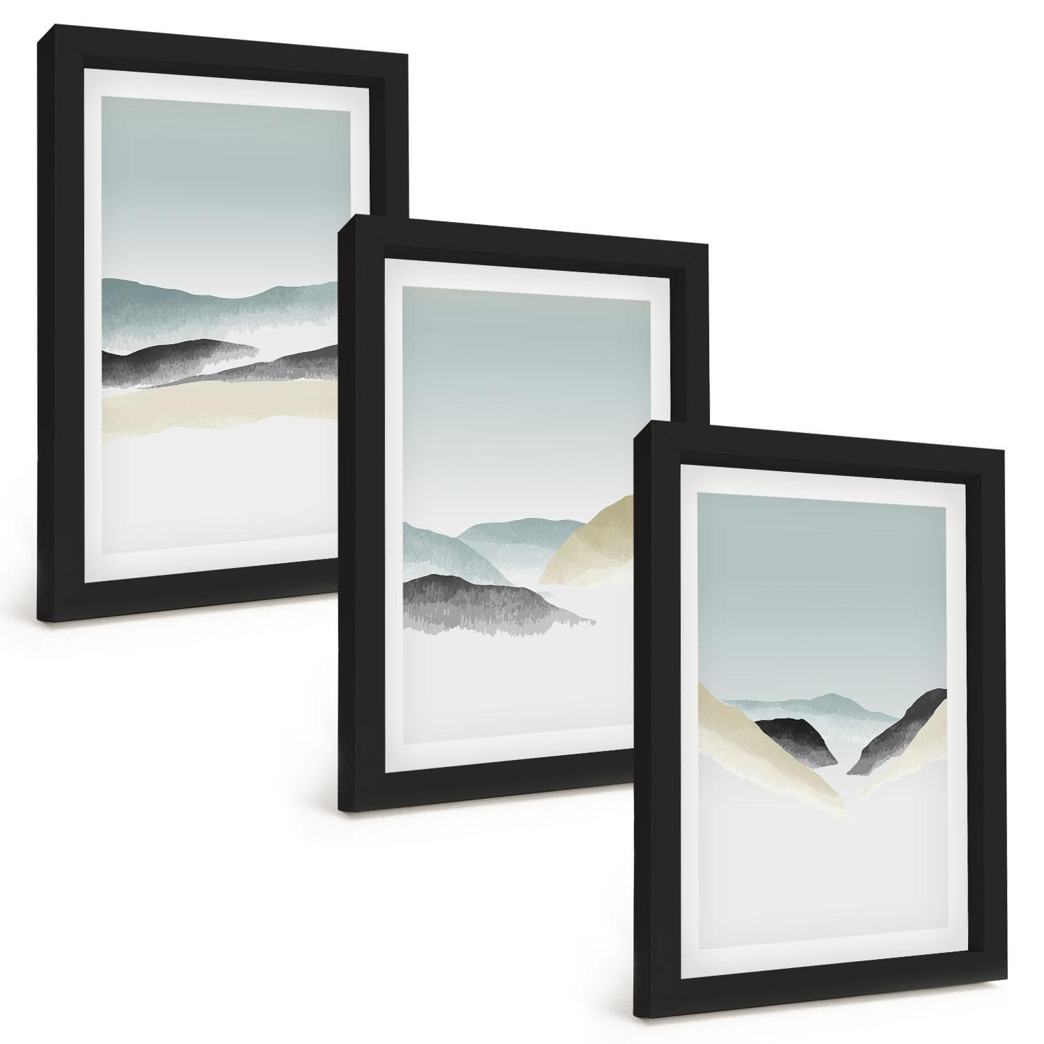 BILDER SET 3er Set - 20x30 cm Schwarzer Rahmen - Minimalistische Pastellberge - Schwarz, Kunststoff (20/30cm) - TULUP