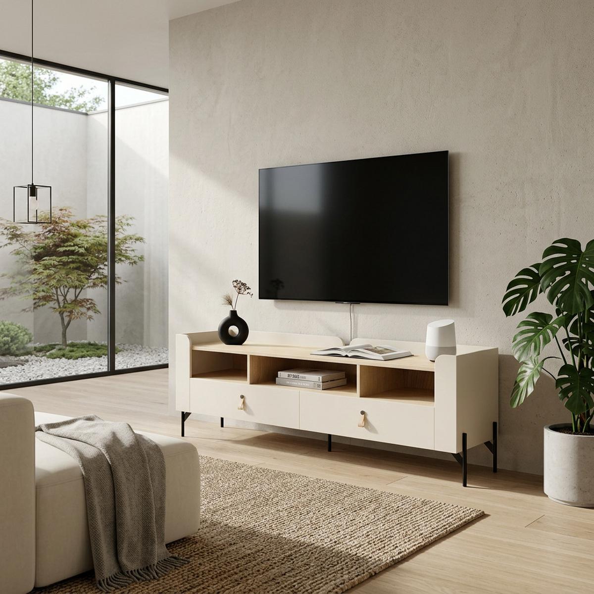 LOWBOARD Sorella mit 2 Schubladen 160 cm, für Jugendzimmer, Macadamia + Eiche Mavelie - Eichefarben/Beige, Leder/Holzwerkstoff (160/55/42cm) - Beautysofa
