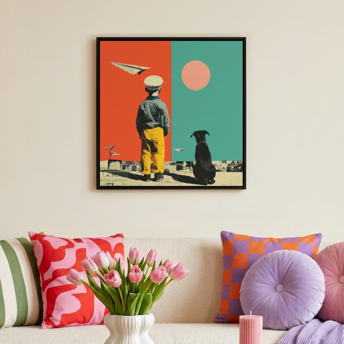 LEINWAND Bilder mit Rahmen - Retro - Junge - Hund - Rot - Grün - 50x50 - Orange, Textil (50/50cm) - MuchoWow