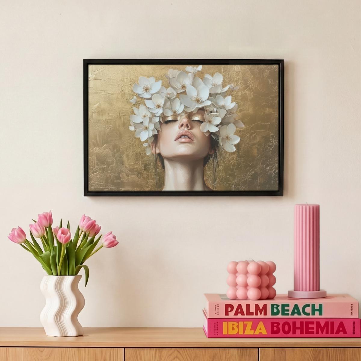 LEINWAND Bilder mit Rahmen - Gesicht - Blumen - Gold - Abstrakt - 30x20 - Goldfarben, Textil (30/20cm) - MuchoWow