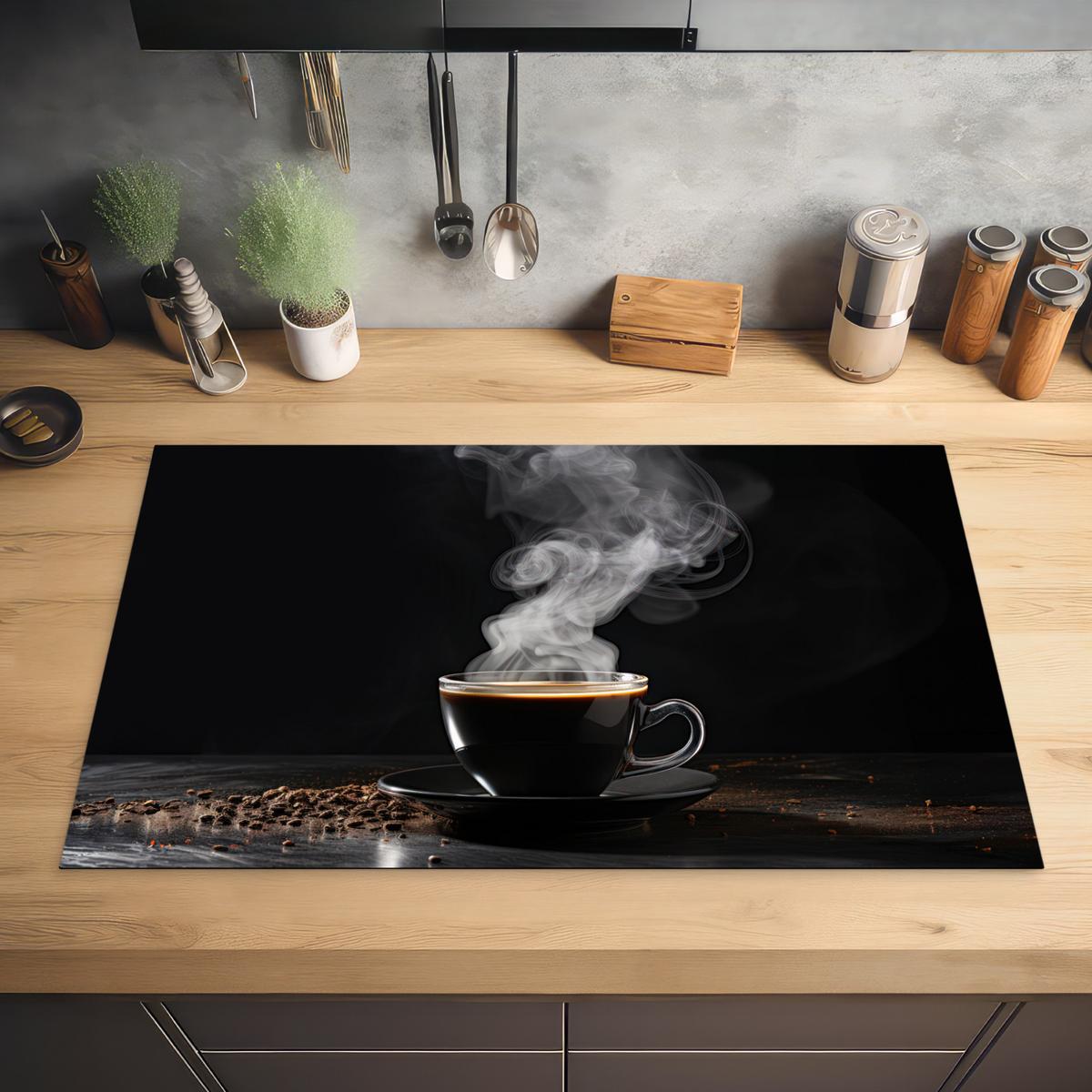 HERDABDECKPLATTE Kaffee - Schwarz - Bohnen - Heiß - Tasse Induktionsmatte 83x51 cm - Schwarz, Kunststoff (83/51.5/0.2cm) - MuchoWow
