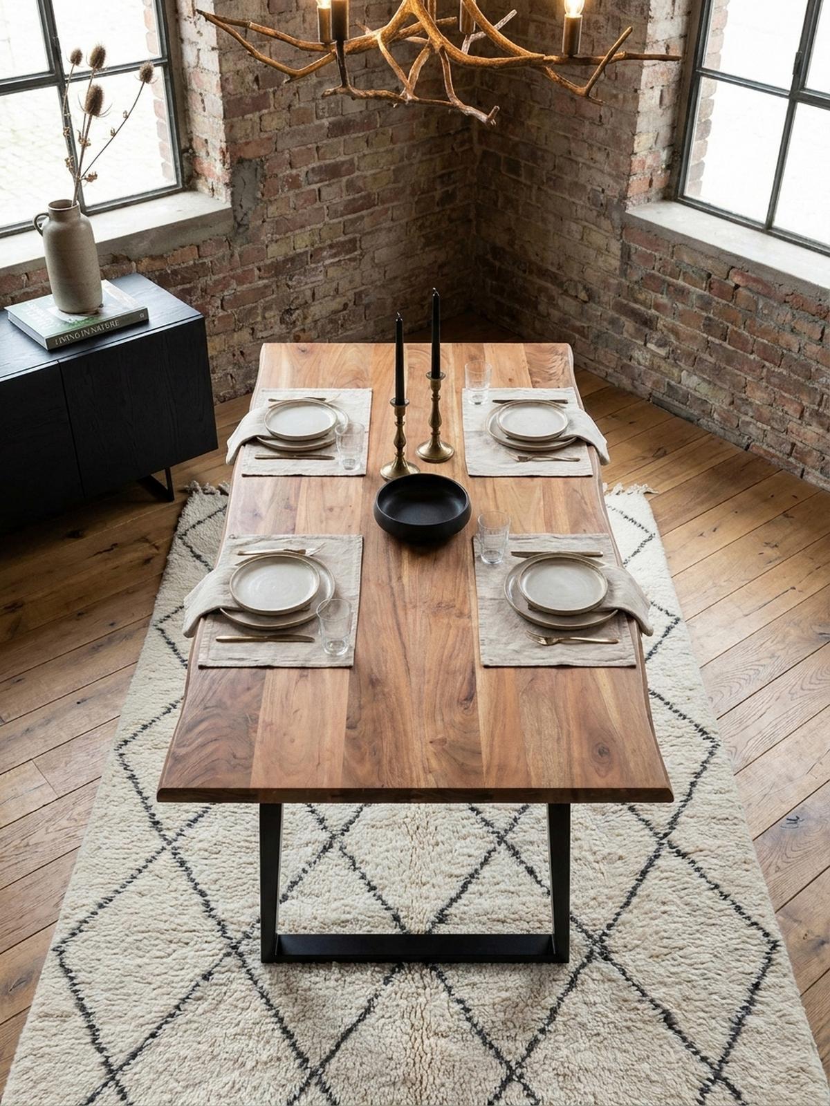 ESSTISCH Massivholz Baumkante Metall U-Gestell Handgefertigt ATOLL, Goldbraun-Schwarz 160x80x76 cm - Schwarz/Braun, Holz/Metall (80/160/76cm) - KADIMA DESIGN
