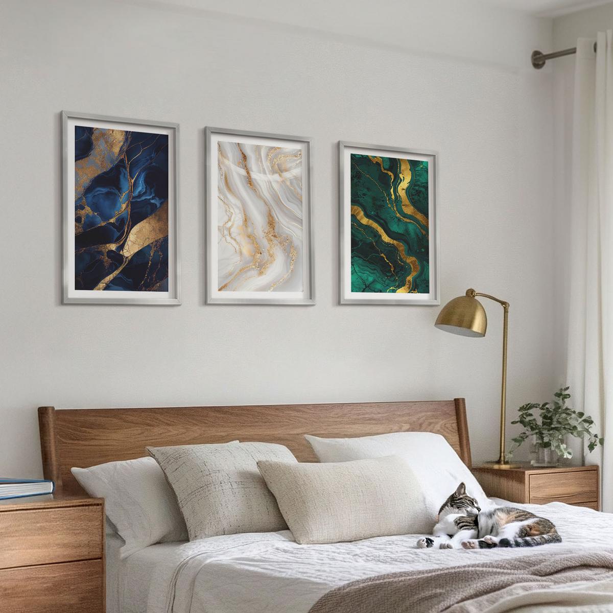 BILDER SET 3er Set - 40x60 cm Silberner Rahmen - Abstrakte blaugrüne Muster - Silberfarben, Kunststoff (40/60cm) - TULUP