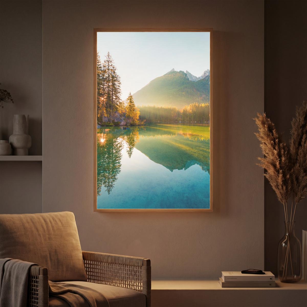 WANDLEUCHTE MIT AKKU See - Wald - Berge - Natur - Sonne - Landschaft 70x100 cm - Grün, Holzwerkstoff (70/100/8cm) - OnlyWow
