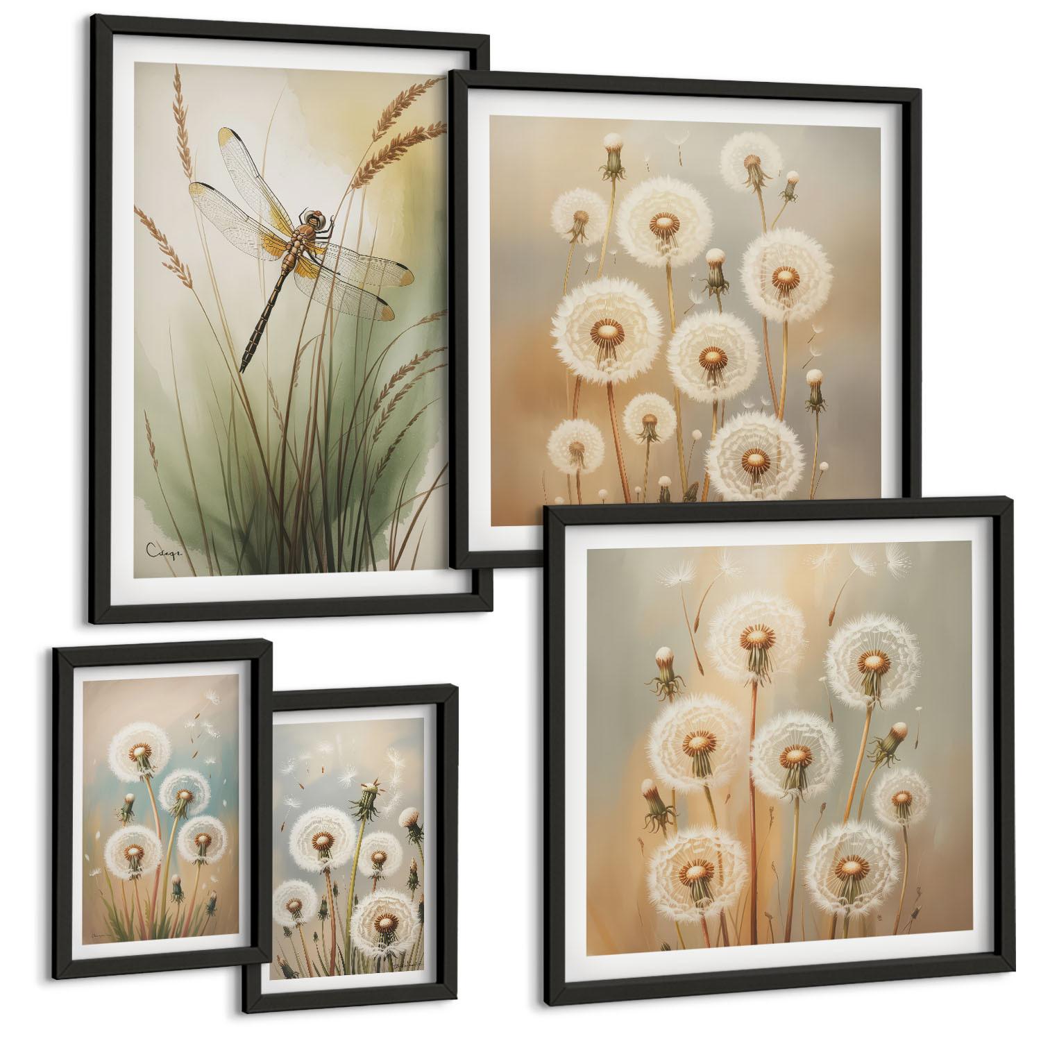 BILDER SET 5er Set - 50x50 cm & 20x30 cm & 40x60 cm Schwarzer Rahmen - Weiße Löwenzahnblüten auf hellem Hintergrund - Schwarz, Kunststoff (40/60cm) - TULUP
