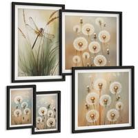 BILDER SET 5er Set - 50x50 cm & 20x30 cm & 40x60 cm Schwarzer Rahmen - Weiße Löwenzahnblüten auf hellem Hintergrund - Schwarz, Kunststoff (40/60cm) - TULUP