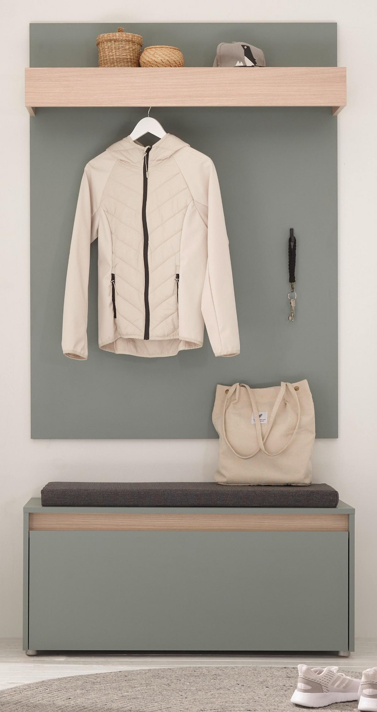 GARDREROBE Set 2-teilig Salbei Grün mit Eiche, Schuhbank und Wandgarderobe 100 x 200 cm, inkl. Sitzkissen - Salbeigrün/Dunkelgrau, Holz/Holzwerkstoff (100/200/40cm) - Furn.Design