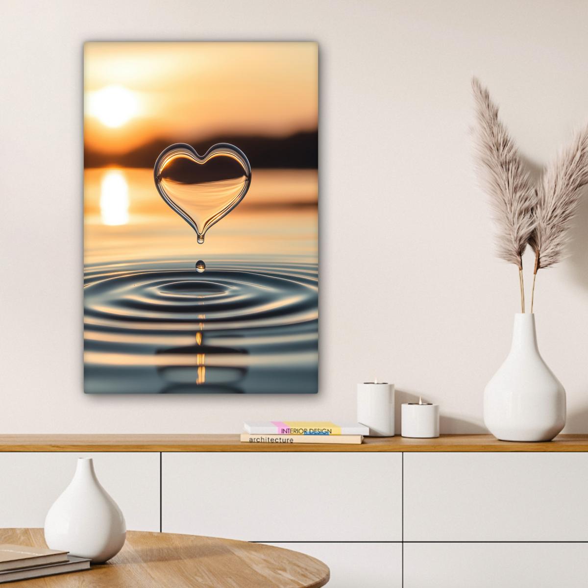 LEINWANDBILD Herz - Wasser - Sonnenuntergang - Natur - Zen Wanddeko Schlafzimmer 60x90 cm - Bernsteinfarben, Textil (60/90cm) - MuchoWow