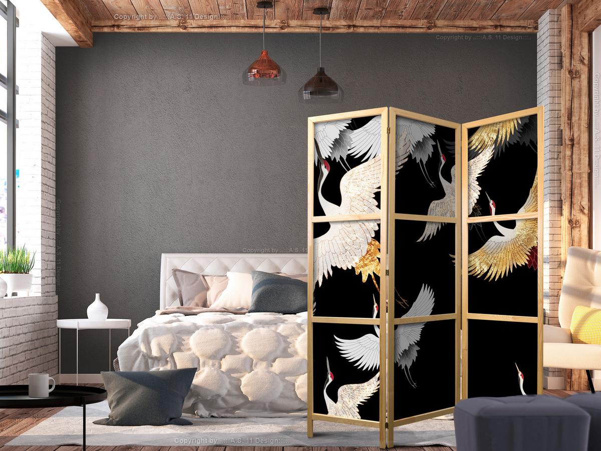 PARAVENT Japanischer 3-tlg 135x172 cm Kraniche - Schwarz, Holz/Textil (135/172/3cm) - Muralo