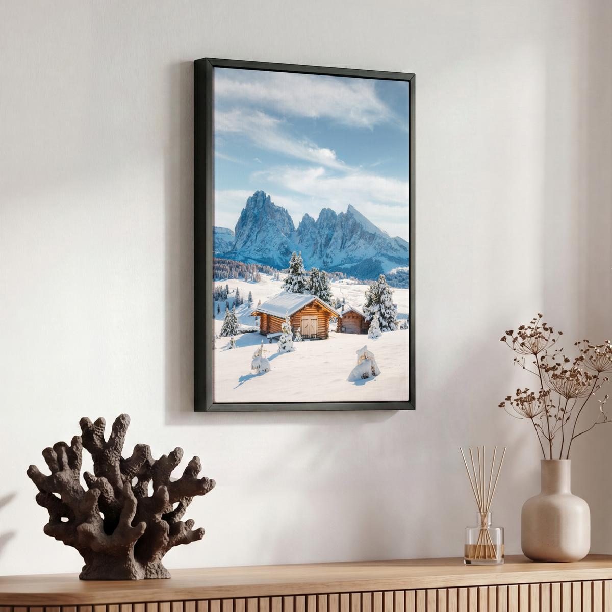 LEINWAND Bilder mit Rahmen - Winter - Hütte - Berge - Aussicht - Schnee - 30x40 - Eichefarben, Textil (30/40cm) - MuchoWow