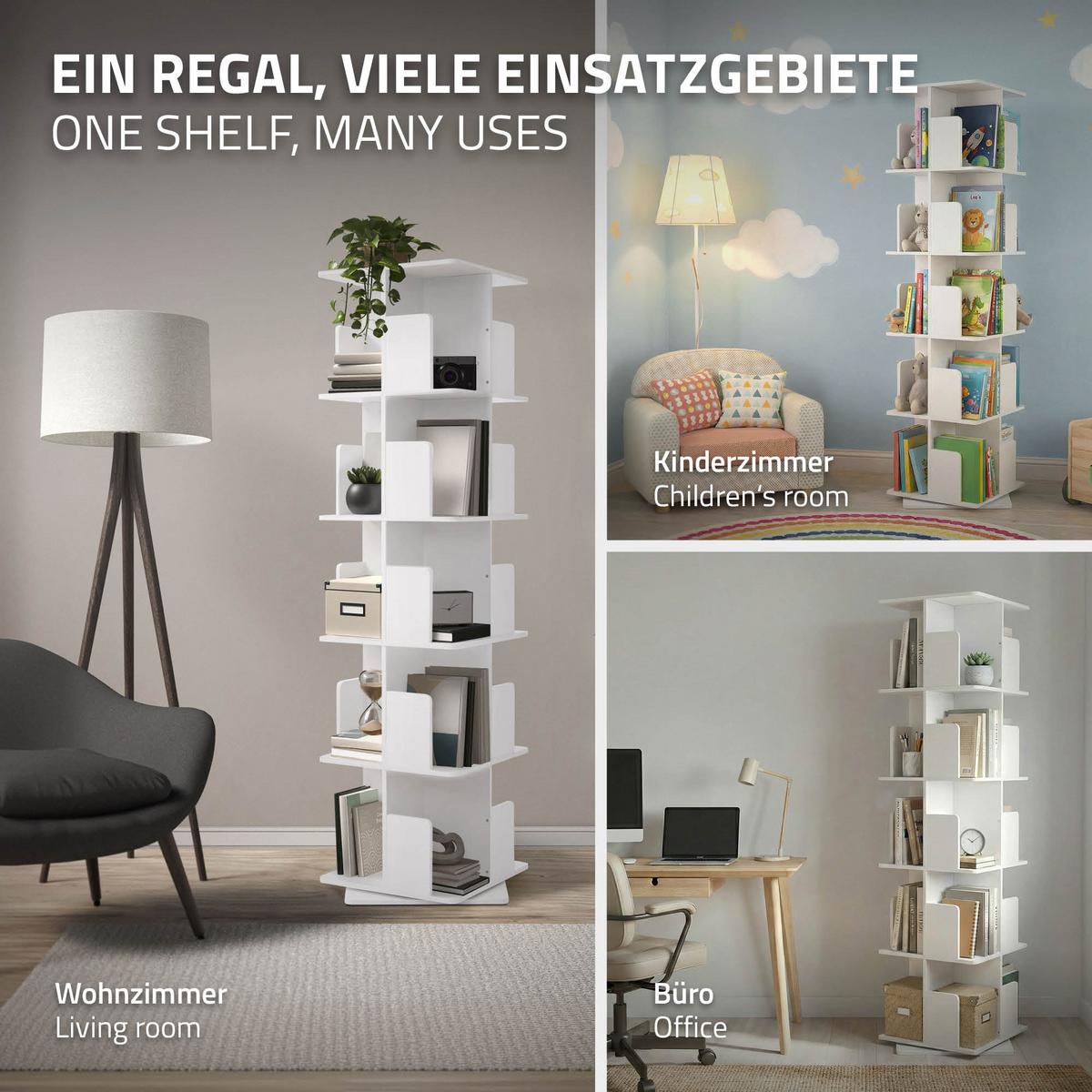 BÜCHERREGAL Kinder mit 5 Ebenen Weiß 40x155x40 cm Drehbar 360 Grad - Weiß, Holzwerkstoff (40/155/40cm) - ML-DESIGN