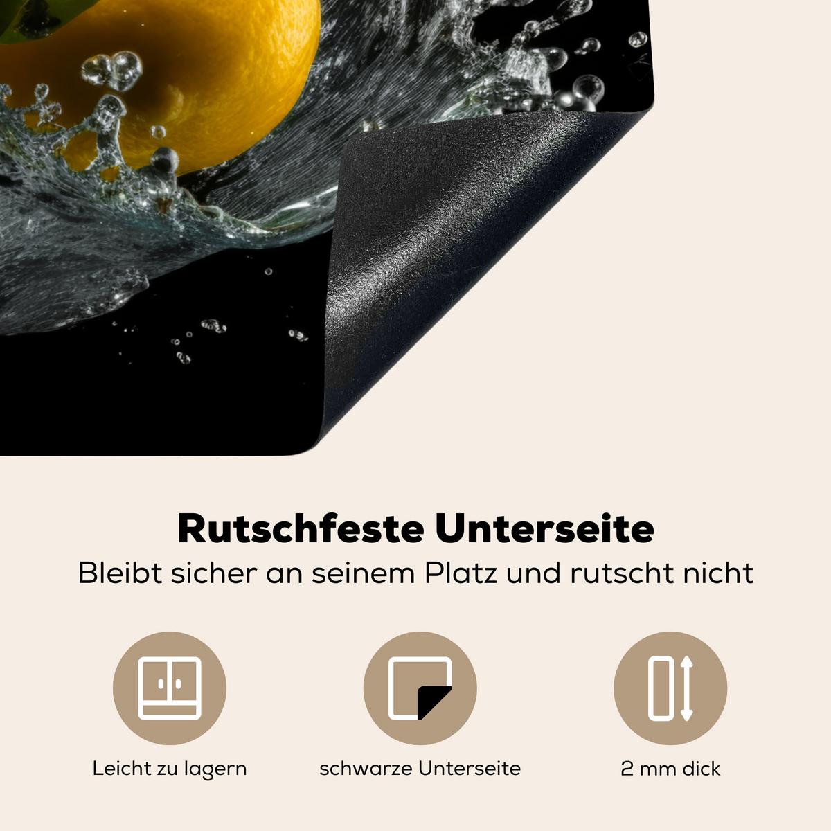 HERDABDECKPLATTE Zitrone - Obst - Gelb - Schwarz Herdabdeckung Induktionsfeld 75x52 cm - Gelb, Kunststoff (75/52/0.2cm) - MuchoWow