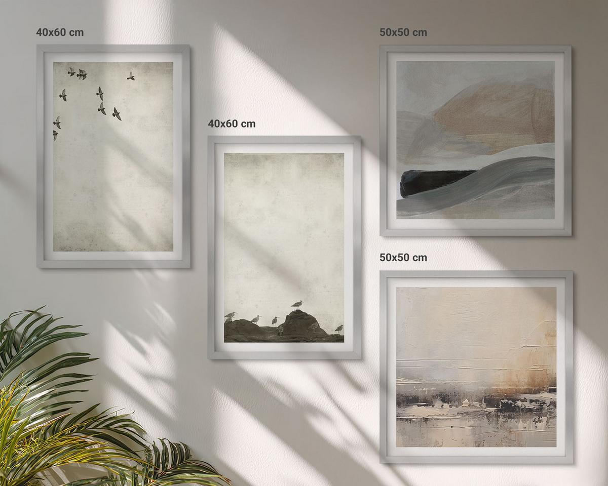 BILDER SET 4er Set - 50x50 cm & 40x60 cm Silberner Rahmen - Vögel, Steine, Pinselstriche, Verzierungen - Silberfarben, Kunststoff (50/50cm) - TULUP