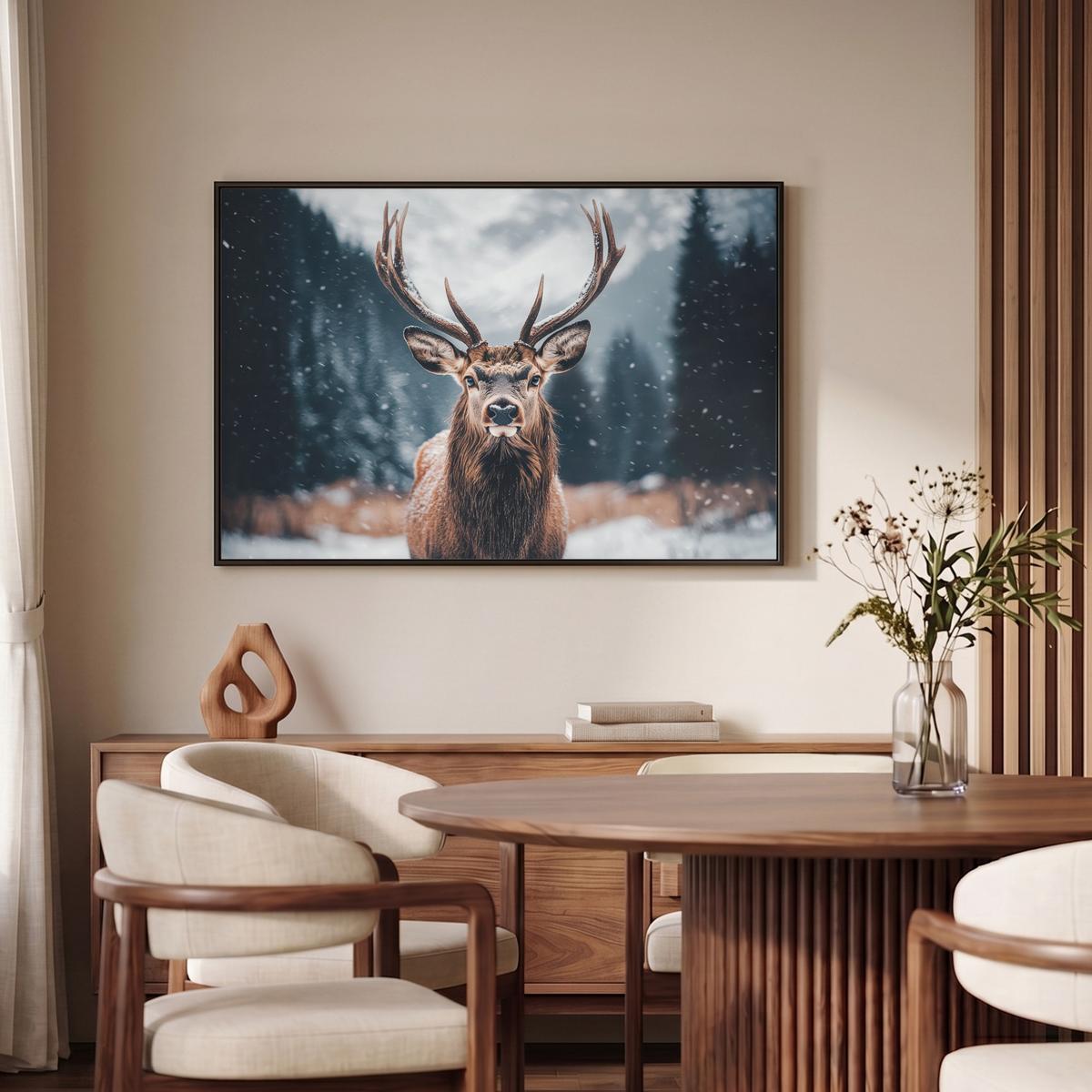 LEINWAND Bilder mit Rahmen - Hirsche - Tiere - Landschaft - Winter - Schnee - 90x60 - Kastanienfarben, Textil (90/60cm) - MuchoWow