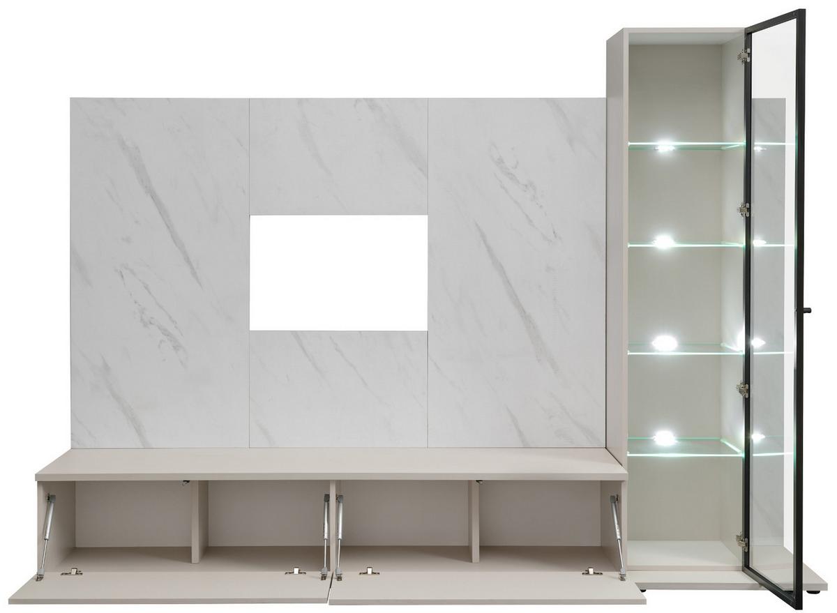 WOHNWAND kaschmir, Marmor weiß 240 cm, Schrankwand mit Wandpaneel, Beleuchtung, Push-to-Open - Kaschmir/Schwarz, Glas/Holzwerkstoff (240/175/45cm) - Inn.Furn
