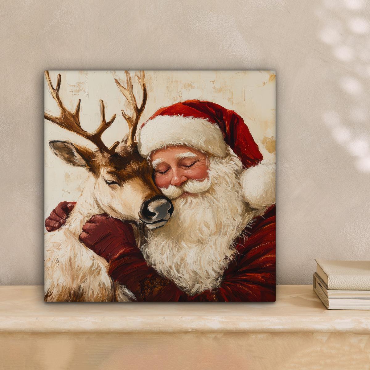 LEINWANDBILD Weihnachtsmann - Rentier - Weihnachten Deko Wohnzimmer 20x20 cm - Rotbraun, Textil (20/20cm) - MuchoWow