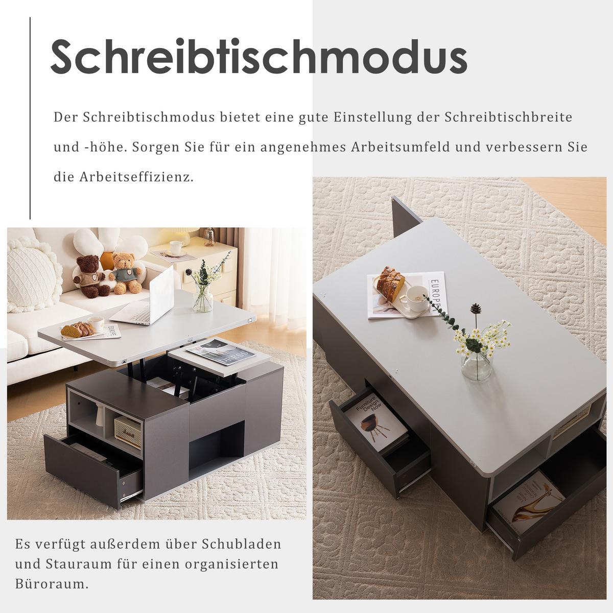 COUCHTISCH Grau Mit Lift-Top-Funktion & multifunktionalem Stauraum - Grau, Holzwerkstoff (51/100/47cm) - Urban Meuble
