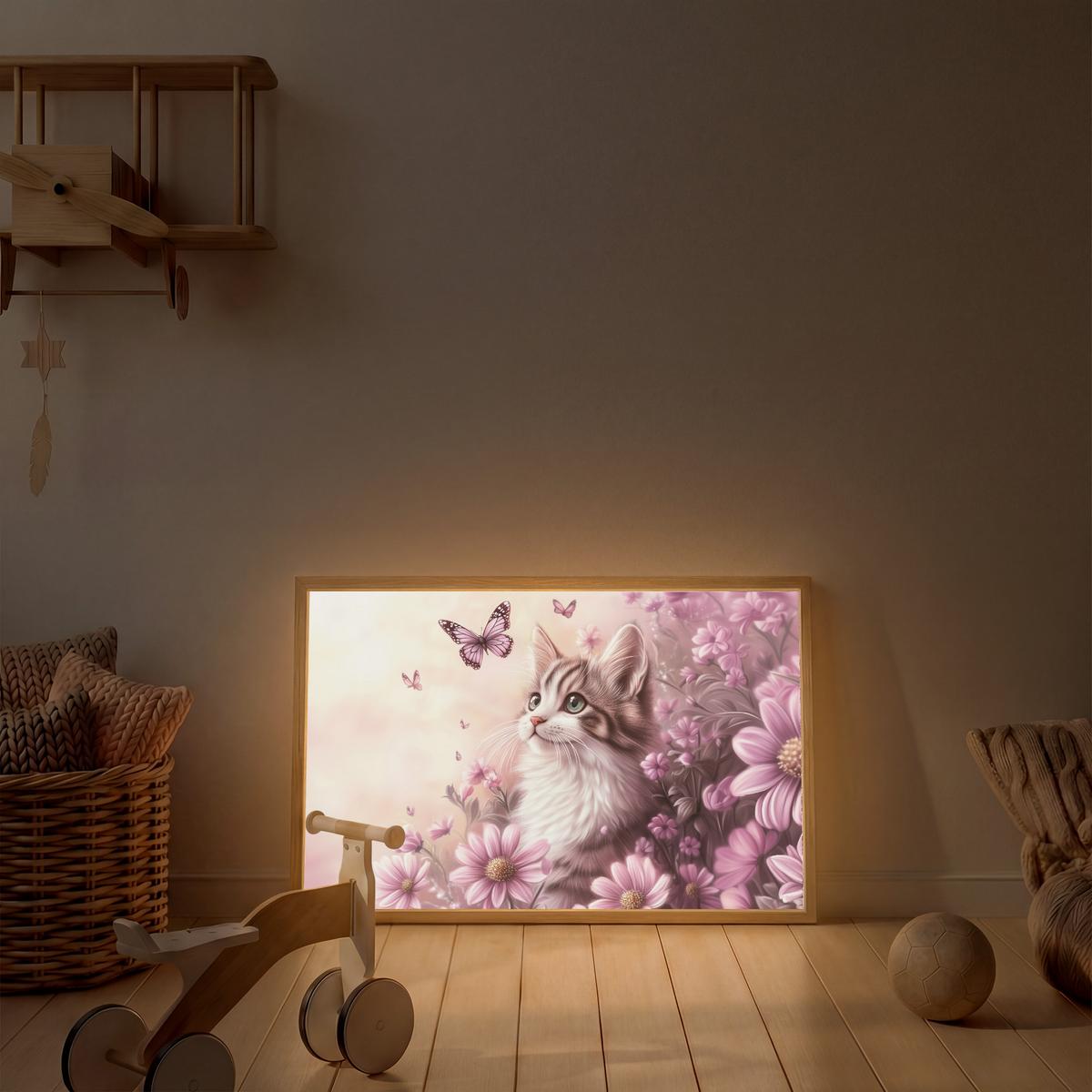 WANDLEUCHTE MIT AKKU Kätzchen - Blumen - Schmetterlinge - Lila 100x70 cm - Altrosa, Holzwerkstoff (100/70/8cm) - OnlyWow