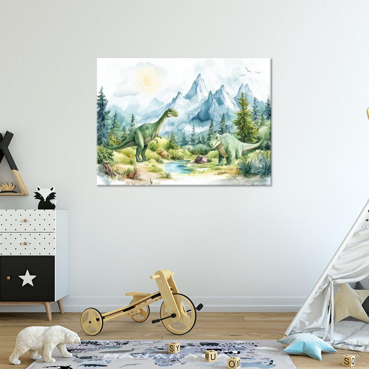 WANDBILD für kinder dinosaurier prähistorische reptilien grüne landschaft - Grün, Textil (90/60cm) - Feeby