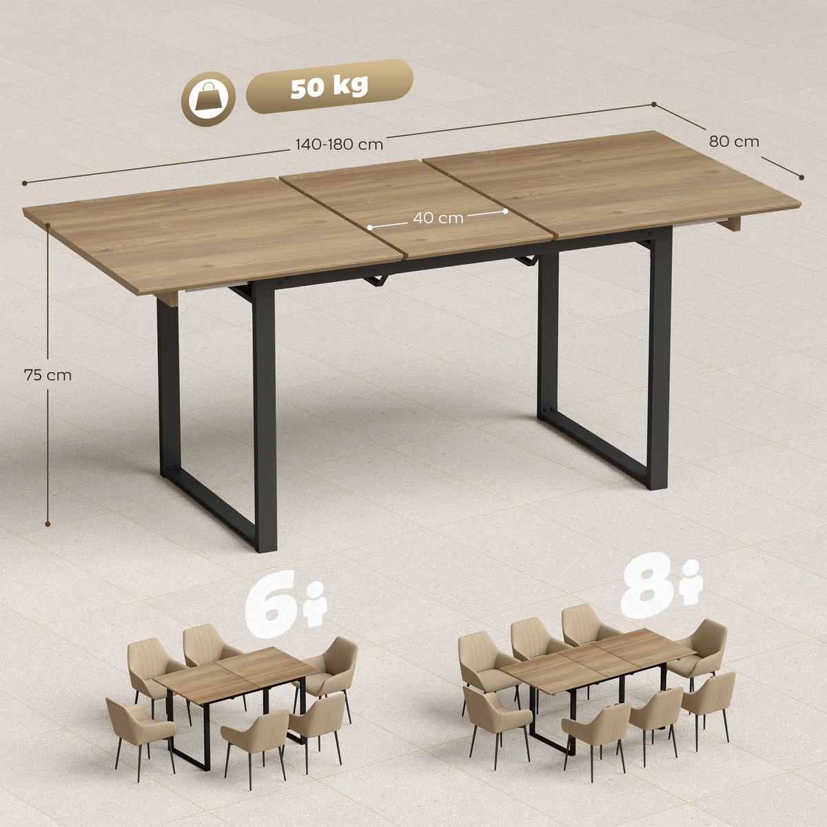 AUSZIEHBARER-ESSTISCH MDF Stahl Naturholz - Schwarz/Naturfarben, Holzwerkstoff/Metall (180/80/75cm) - HOMCOM