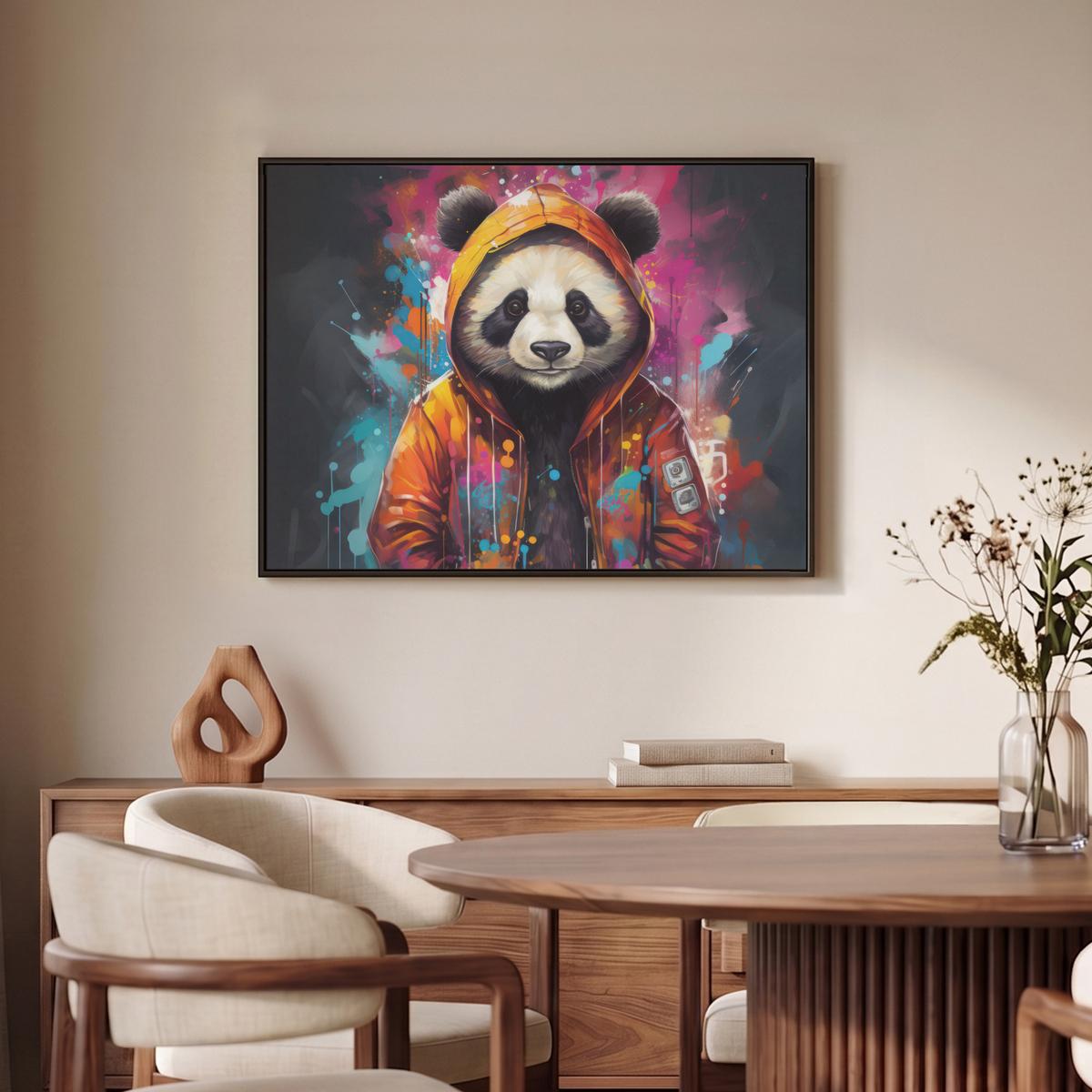 LEINWAND Bilder mit Rahmen - Panda - Jacke - Graffiti - Orange - 80x60 - Orange, Textil (80/60cm) - MuchoWow