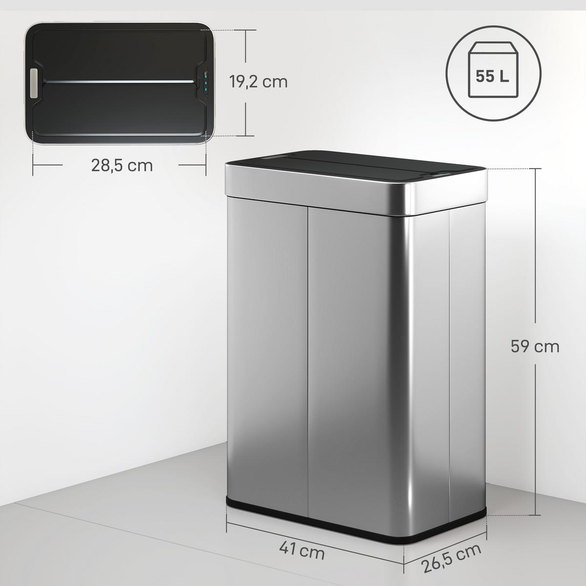 SENSOR Mülleimer 55L Abfalleimer mit Soft-Close-Schmetterlingsdeckel Edelstahl - Silberfarben, Metall (26.5/59/41cm) - HOMCOM