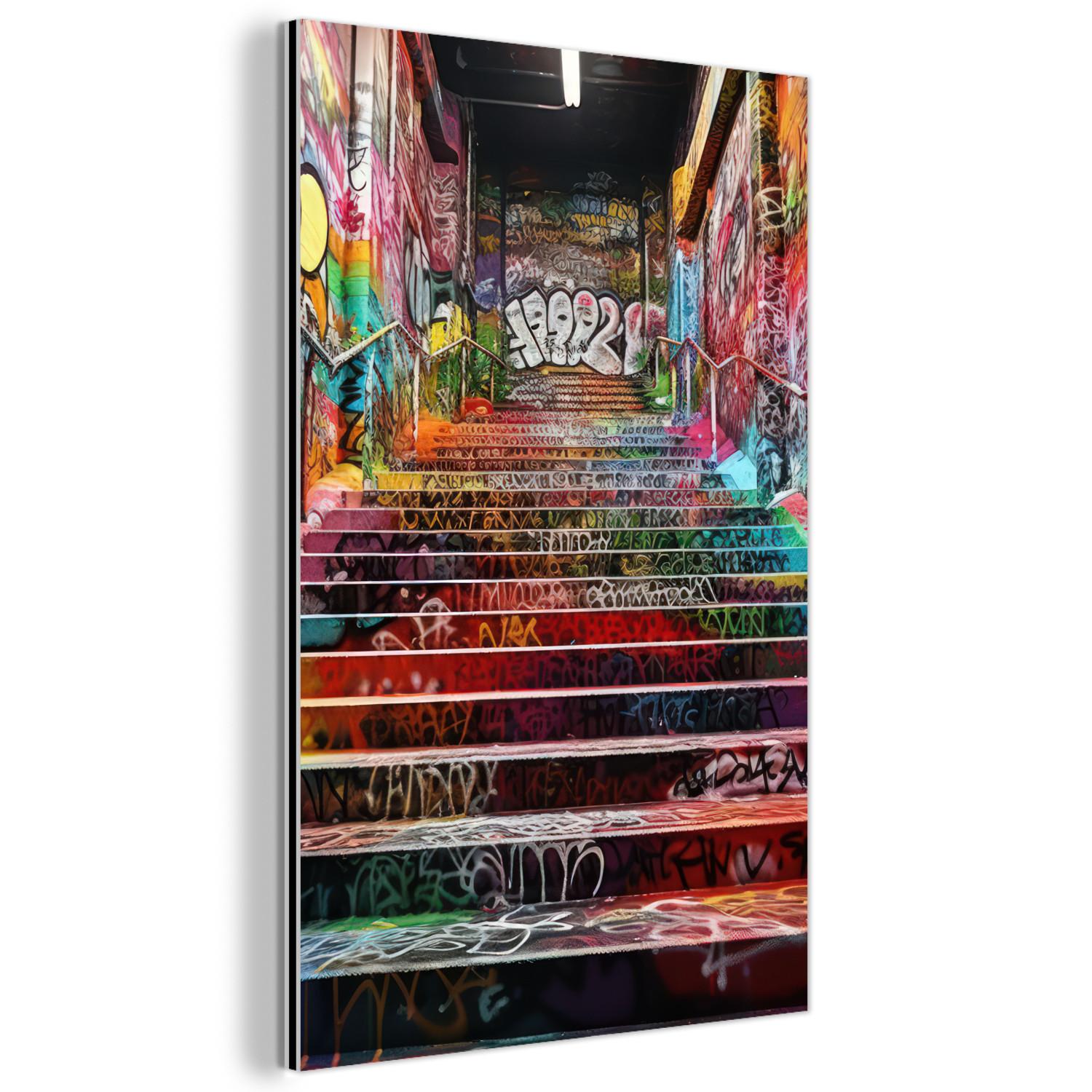 METALLBILD Treppe - Graffiti - Farben - Kunst 80x120 cm - Multicolor, Metall (80/120cm) - MuchoWow