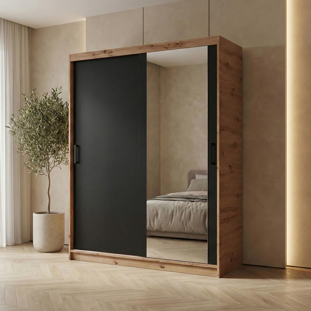 SCHWEBETÜRENSCHRANK Hela mit 2 Türen. 160 cm, eiche Artisan+Schwarz - Schwarz/Eiche Artisan, Holzwerkstoff (160/205/60cm) - Beautysofa