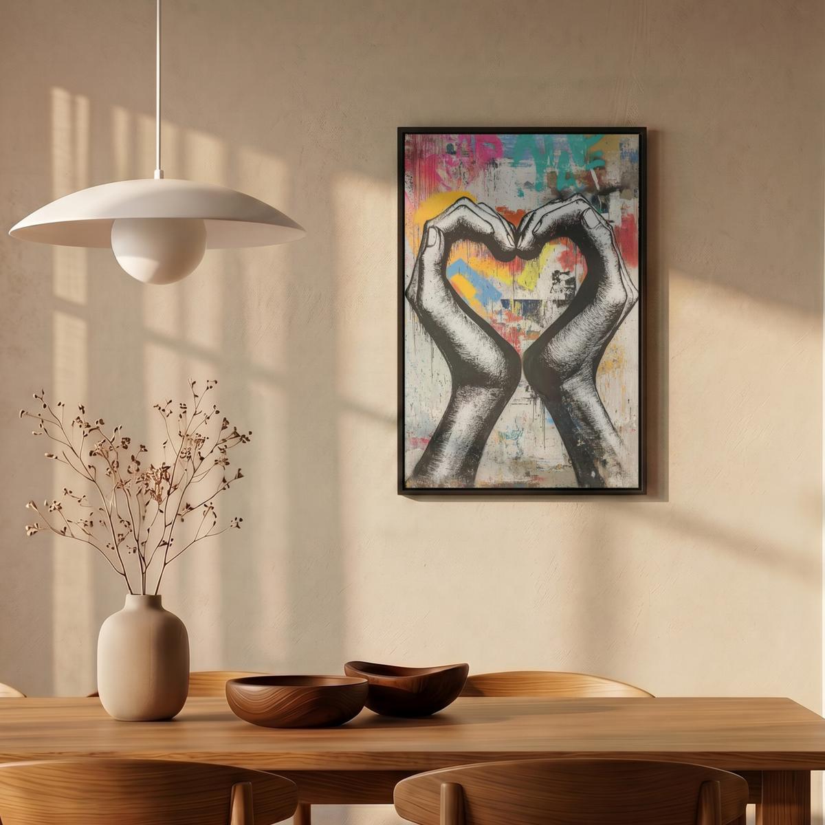 LEINWAND Bilder mit Rahmen - Hände - Herz - Straßenkunst - Graffiti - 40x60 - Multicolor, Textil (40/60cm) - MuchoWow